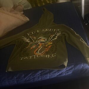 Ed Hardy Olive Green Dragon Pullover Hoodie with Multicolor Print
